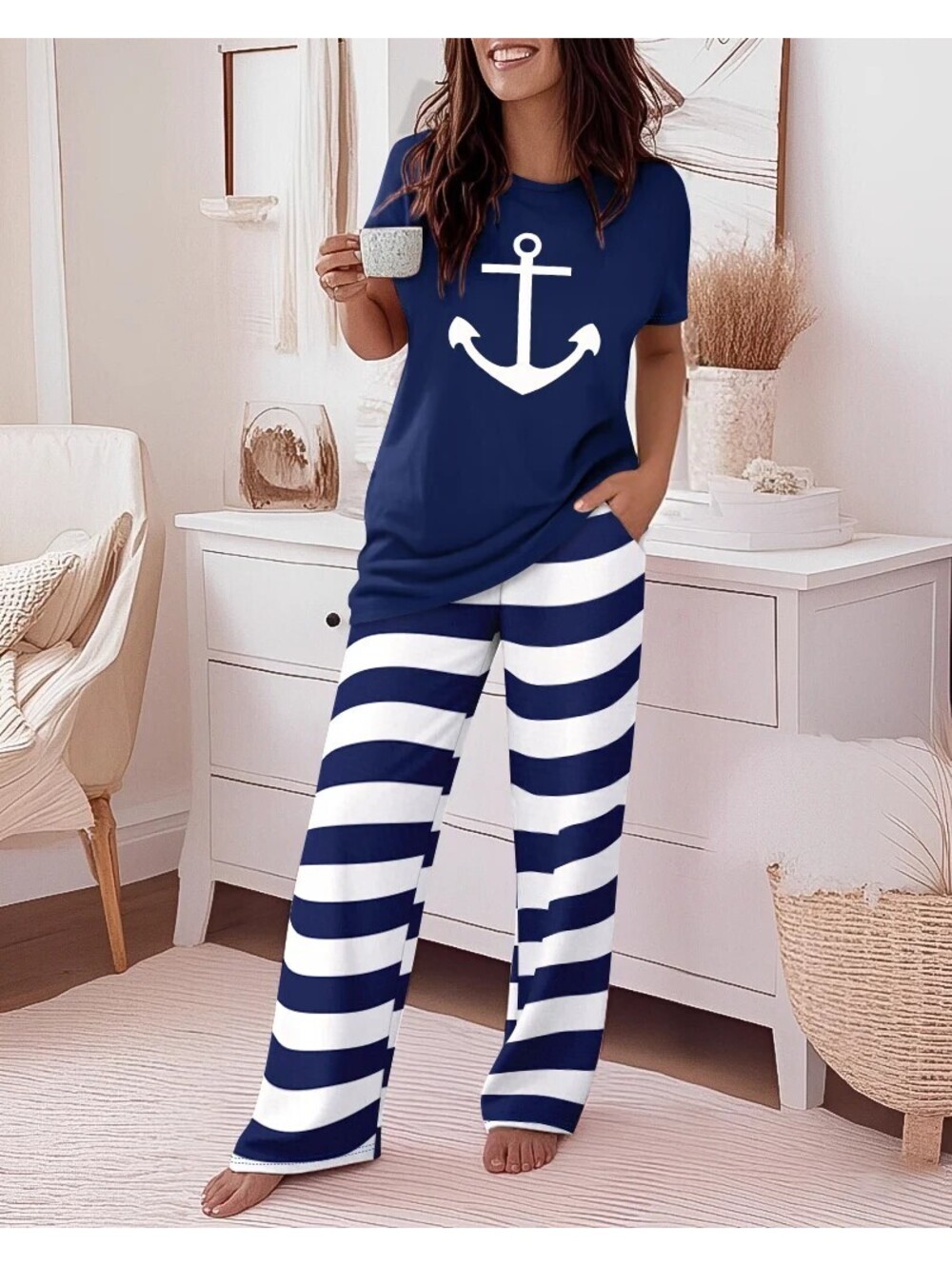 NWOT CHICME Women's Navy/Nautical 2 Piece Set-Pajamas/Pants Size Large